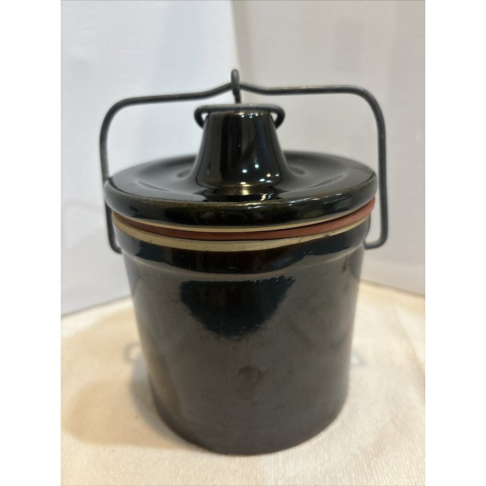 Vintage Medium Glazed Stoneware Cheese Crock w Wire Bail1 5 " diameter
